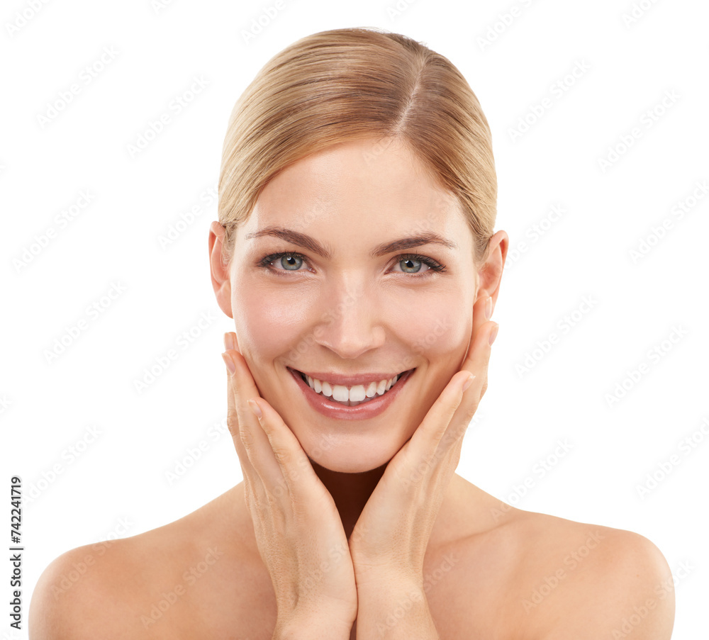 Beauty, skincare and portrait of happy woman with natural glow, cosmetics and smile in studio. Dermatology, healthy skin and face of girl on white background with care, facial and anti aging wellness Beauty, skincare and portrait of happy woman with natural glow, cosmetics and smile in studio. Dermatology, healthy skin and face of girl on white background with care, facial and anti aging wellness