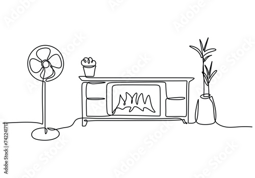 One line drawing interior decoration. Home with blow fan appliance and plant. Vector illustration decor concept.