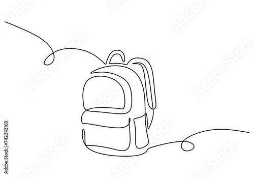 Backpack bag in continuous single line art drawing. One outline editable stroke vector illustration. School bag for student.