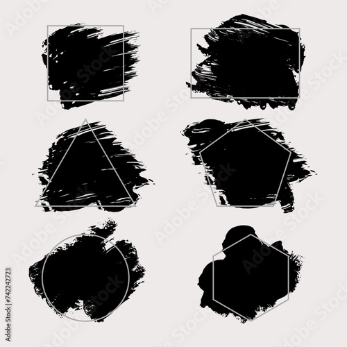 Brush paint strokes. Texture brushes and modern grunge brush lines. Ink brush artistic design element for frame design. Vector isolated elements set. Grungy black swatches. Rough smears and stains