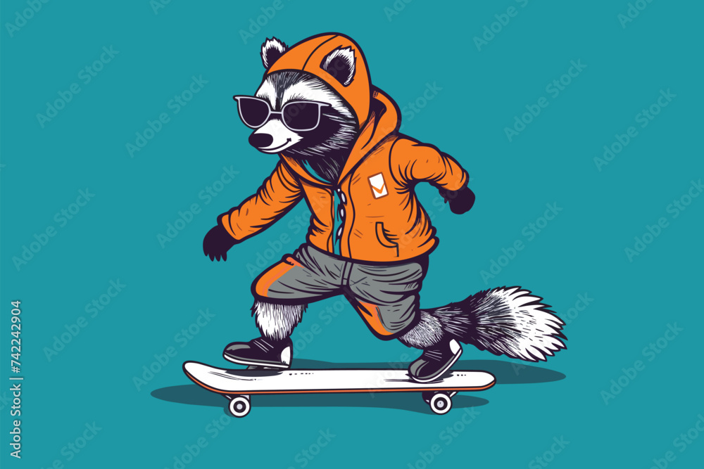 raccoon playing skateboard vector illustration - obrazy, fototapety, plakaty 