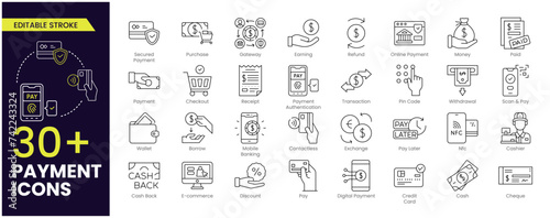 Payment Editable Stroke icon set. Business and finance payment collection with money, banking, credit card, exchange, cash and transaction symbol. Editable Outline line icons.