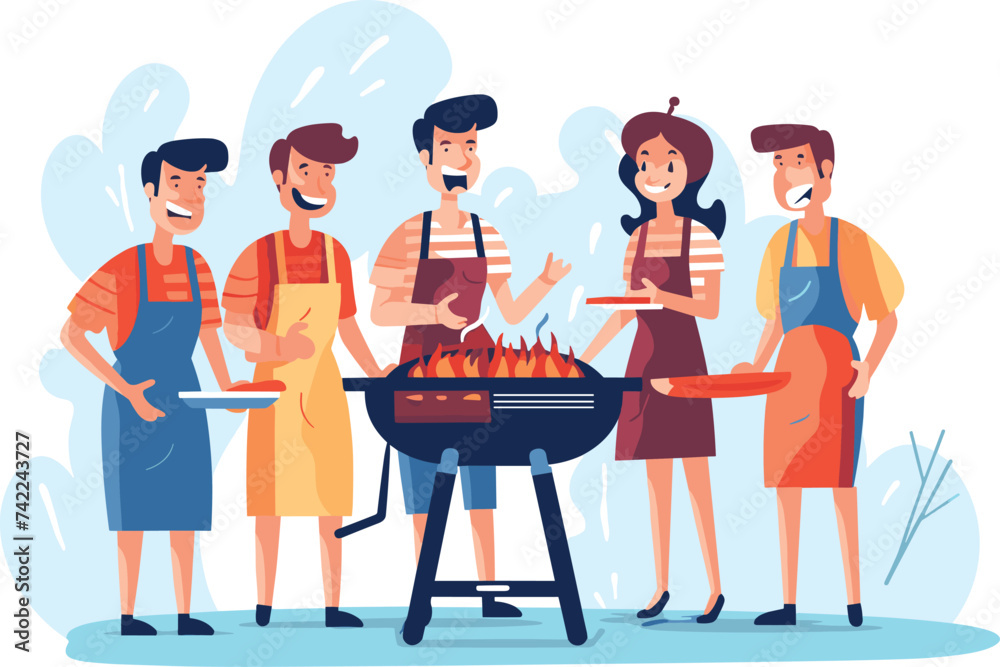 friends at barbecue enjoying food vector illustration