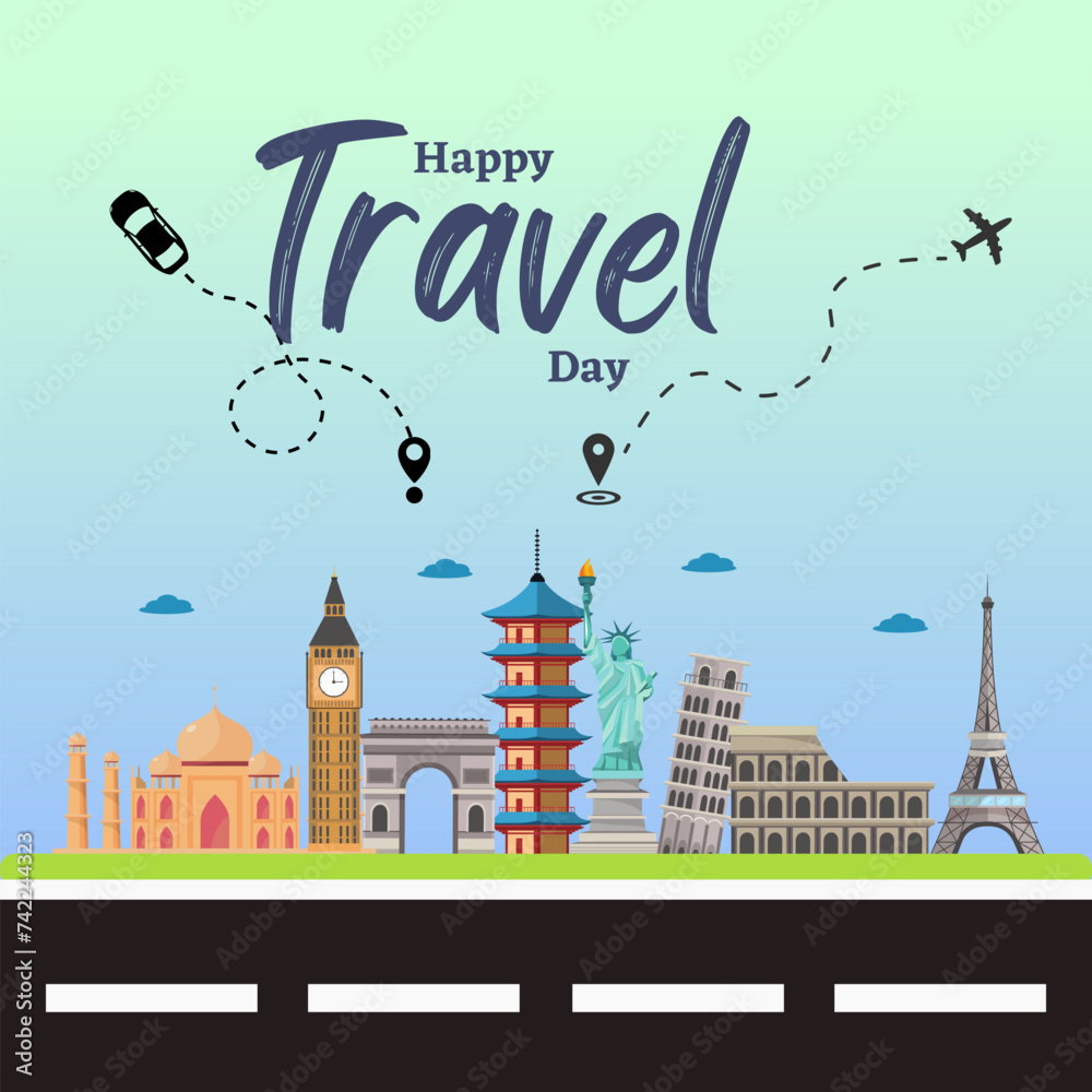 Happy travel day, travel to World. Road trip. Tourism. Landmarks on highway. Concept website template, banner, poster, card, retail or shop. Vector illustration.