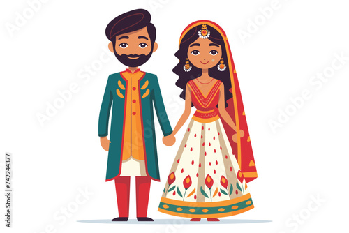 Bride and groom cute couple in traditional indian dress cartoon character vector illustration