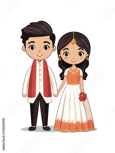 Bride and groom cute couple in traditional indian dress cartoon character vector illustration