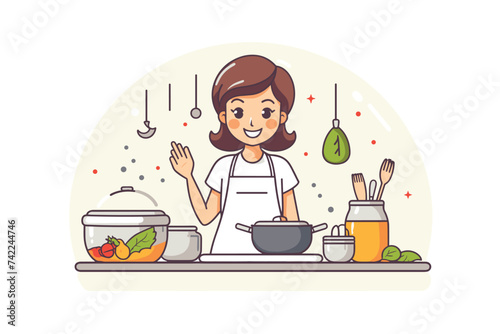 smiling woman cooking at kitchen vector illustration