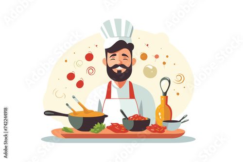 Smiling man cooking at kitchen table vector illustration