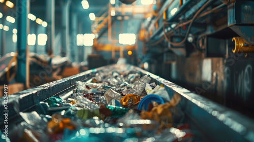 A close up of a recycling machine sorting plastic waste in a recycling factory photo
