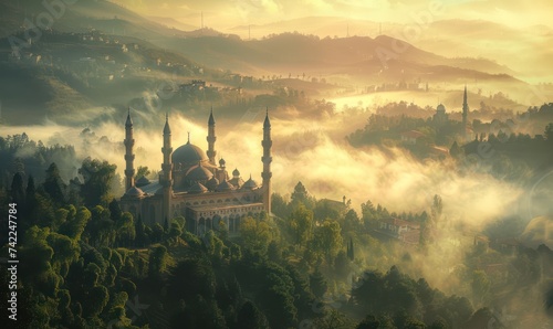 An ancient mosque perched atop a hill, overseeing a mist-filled valley during the serene blue hour of early morning photo