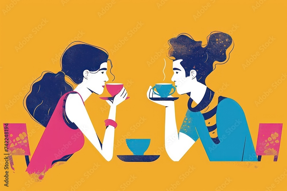 Happy Coffee Day, Cute couple at the coffee shop enjoying hot coffee vector illustration Happy Coffee Day, Cute couple at the coffee shop enjoying hot coffee vector illustration