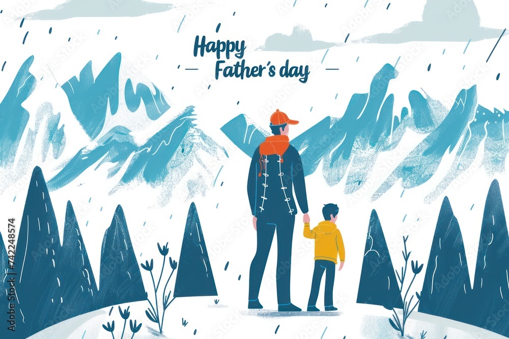 father and son enjoying at the mountain copy space banner, fathers day banner with copy space, cute kid and father enjoying peace at the mountains - obrazy, fototapety, plakaty 