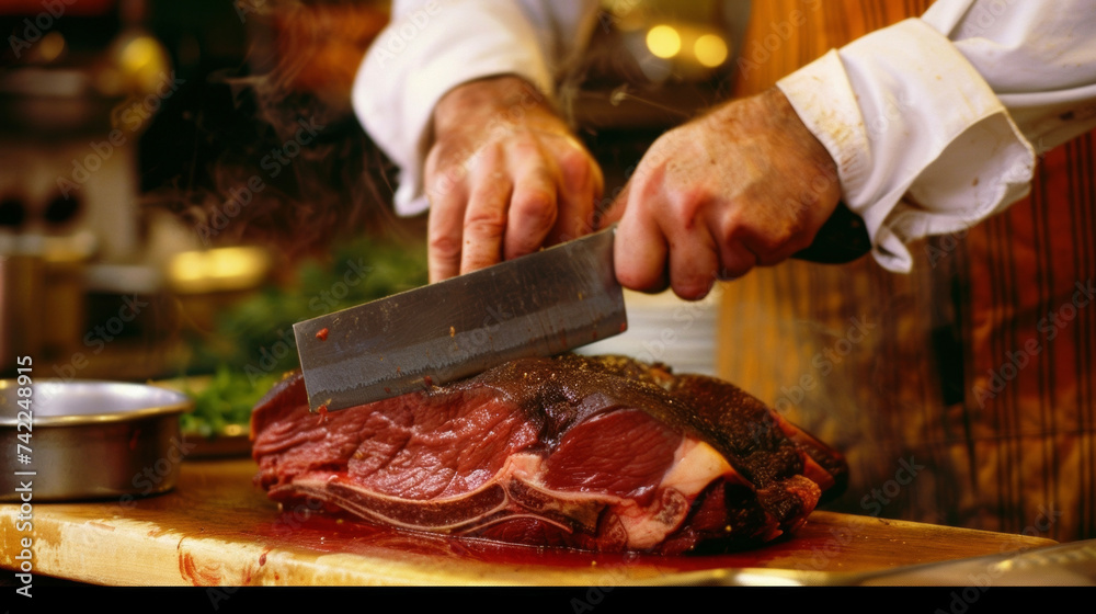 A closeup of a butcher slicing through a marbled of beef tender and ready for cooking.