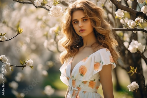 beautiful young woman in cute dress in spring orchard yard, happy summer time
