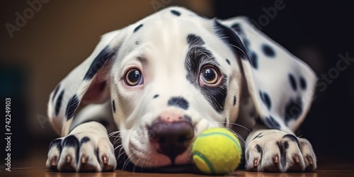 Adorable Dalmatian Puppy Chewing on Tennis Ball