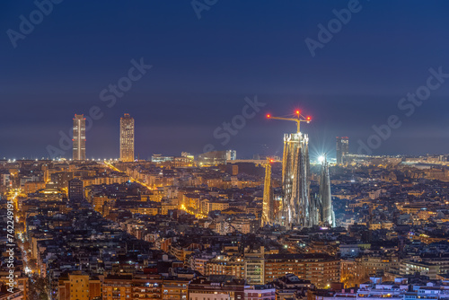 The skyline of downtown Barcelona with the Sagrada Familia at night