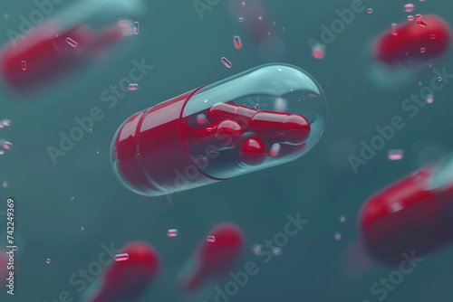 Light red capsule on green technology background, 3d, medical concept, science, treatment, modern hi-tech medicine.