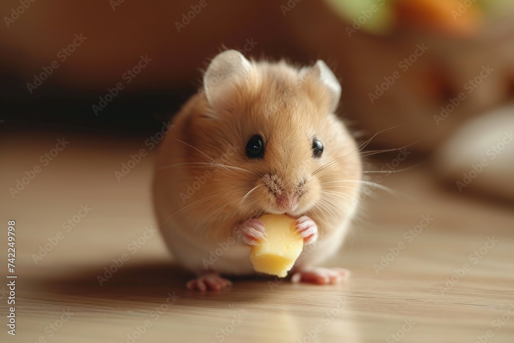 A hamster happily munches on a piece of fruit while on the floor, An adorable hamster nibbling on a tiny piece of cheese, AI Generated A hamster happily munches on a piece of fruit while on the floor, An adorable hamster nibbling on a tiny piece of cheese, AI Generated