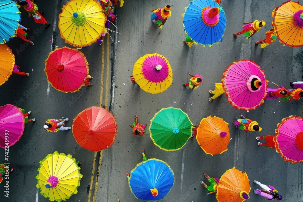 A crowd of individuals carrying vibrant umbrellas walk along a busy city street, An aerial view of a colorful parade, AI Generated - obrazy, fototapety, plakaty 