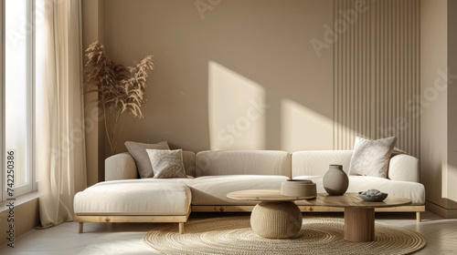 a modern living room  in the style of naturalistic shadows  matte background  light brown and light beige  realistic rendering  nature inspired