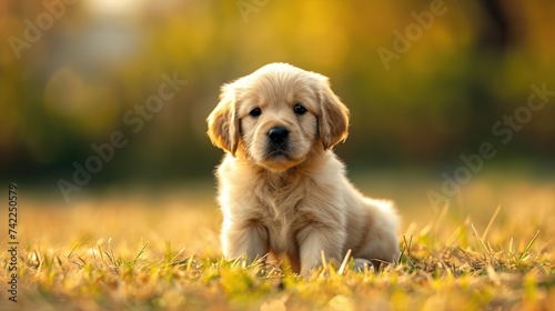 Golden Retriever Puppy on the Grass in the Park.