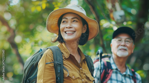 Portrait cheerful smiling middle age asian woman hiking walking with her husband enjoying free time and nature. Active beautiful seniors in love together at sunny day #742251360