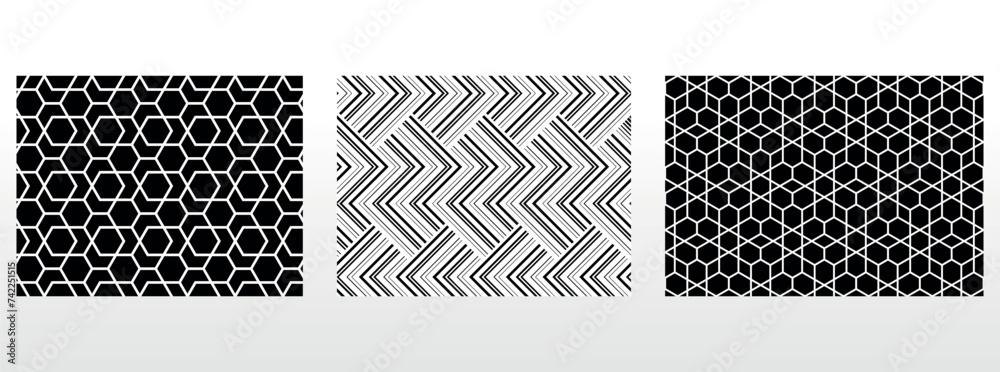 Geometric set of seamless black and white patterns. Simple vector graphics Geometric set of seamless black and white patterns. Simple vector graphics