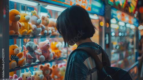 Woman in Black Jacket Holding Plush doll in claw machine shop in Lo-Fi Style