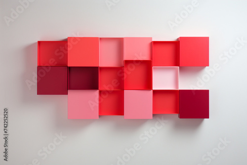 A minimalist composition of red squares on a gradient background  each square varying in tone and depth  exploring the balance between uniformity and variation.