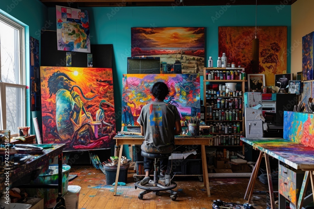 A man is seated in a room adorned with numerous paintings on the walls, An artist working in a vibrant studio, AI Generated
