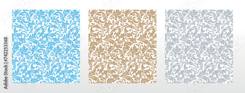 Wallpapers in the style of Baroque. Seamless vector backgrounds. Set of colored floral ornaments. Graphic patterns for fabric, wallpaper, packaging. Ornate Damask flower ornaments