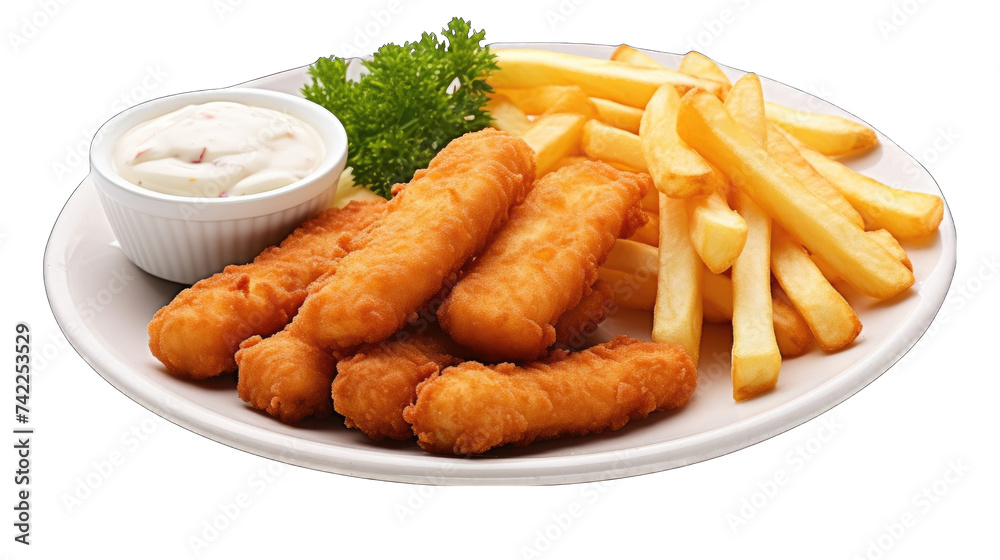 macro fried Fish Fingers Sticks and French Fries on white plat png macro fried Fish Fingers Sticks and French Fries on white plat png