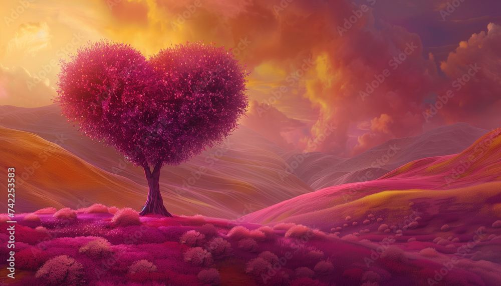 warm glow of a sunset, a heart-shaped tree atop vibrant pink hills stands as a romantic symbol against a dreamy sky