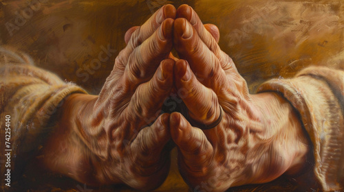 A highly detailed ultra realistic portrait of clasped hands in prayer set against a backdrop of soft diffused light that casts a serene glow on the skin