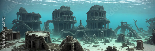 The mystical depths of an Underwater Ruins. Submerged buildings, coral-covered columns, schools of exotic fish glide through the streets. Generative AI.