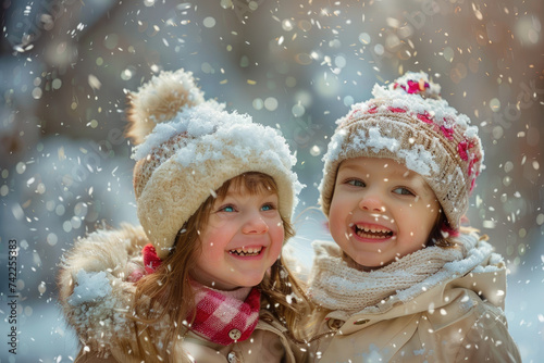 Happy kids having fun and playing in the winter snow