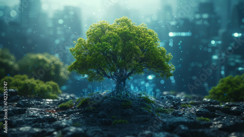 A futuristic money tree symbolizing the growth and sustainability of personal savings and budgeting. A virtual reality tool allows you to plant your own money tree and watch