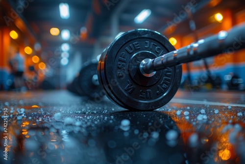 Close-up of a barbell on a glossy gym floor with scattered water droplets and warm, ambient lighting