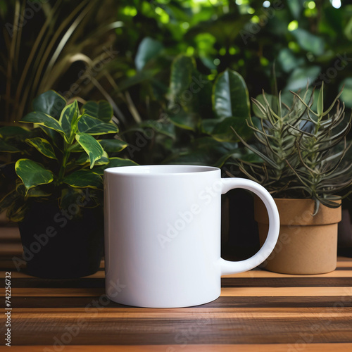 A blank white mug sitting on top of an oak table surrounded by plants, mockup template stock photo