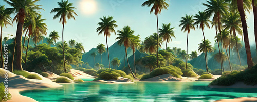 A hidden oasis in the desert with emerald-green waters, palm trees. AI Generated