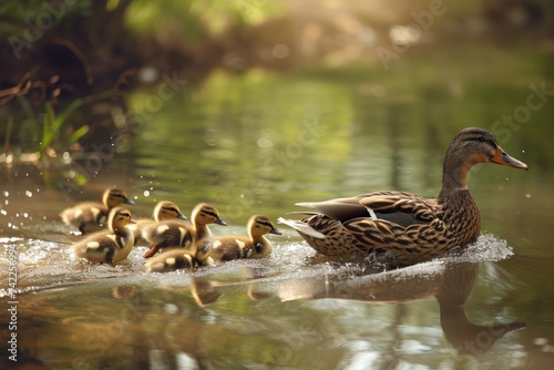 A mother duck and her young ducklings swimming together in the water, An endearing scene of a mother duck followed by her ducklings, AI Generated