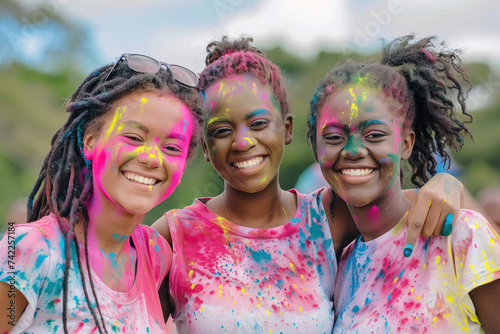Group of happy color painted girls in color run event, cheerful expressions