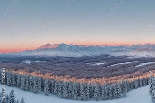A serene winter landscape, picturesque panorama. Generative AI