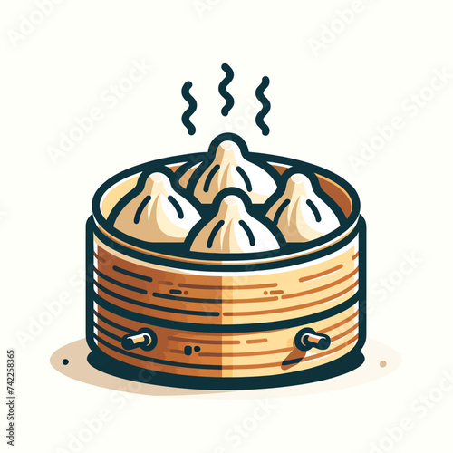 Steamed Dumplings in Bamboo Steamer Vector Illustration