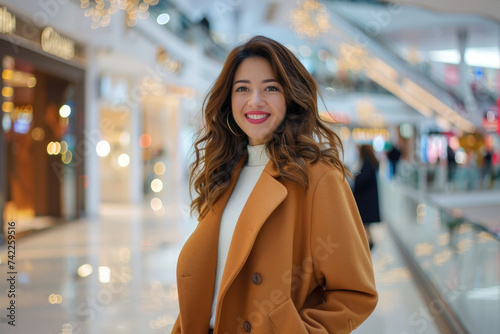 Happy young woman in elegant coat standing in a modern shopping mall © Kien