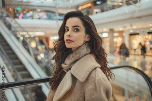 Happy young woman in elegant coat standing in a modern shopping mall