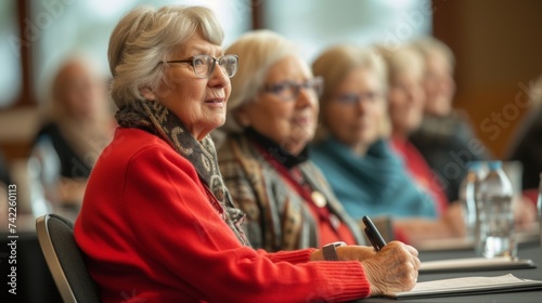 Silverhaired seniors sit at round tables pens in hand as they jot down tips and advice from the knowledgeable speaker at the front of the room. photo