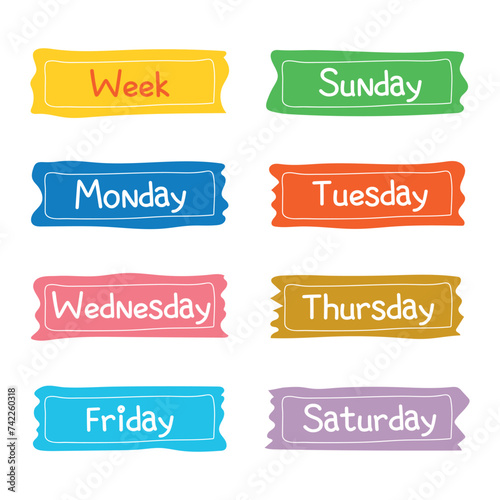 Set of cute speech bubbles with the name of the day of the week, Sunday, Monday, Tuesday, Wednesday, Thursday, Friday, Saturday.