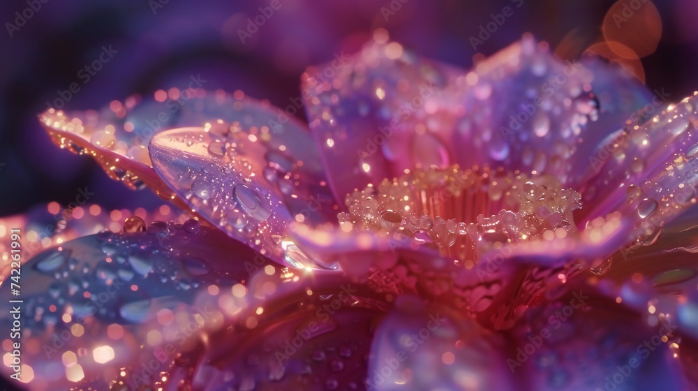 Jasmine's ferrofluid petals emit a radiant glow, infused with luminescent stardust, creating a cosmic spectacle in macro.