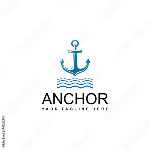 Nautical anchor wave logo design template with ship steering wheel